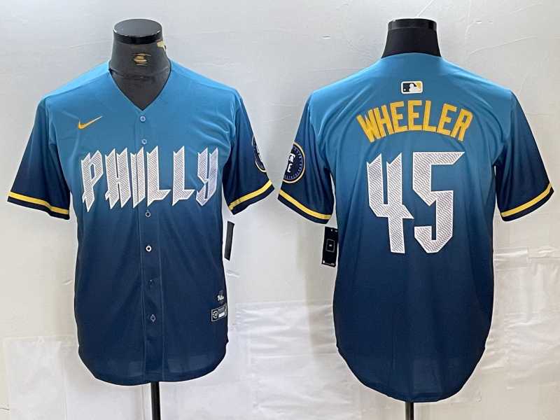 Mens Philadelphia Phillies #45 Zack Wheeler Blue 2024 City Cool Base Stitched Jersey